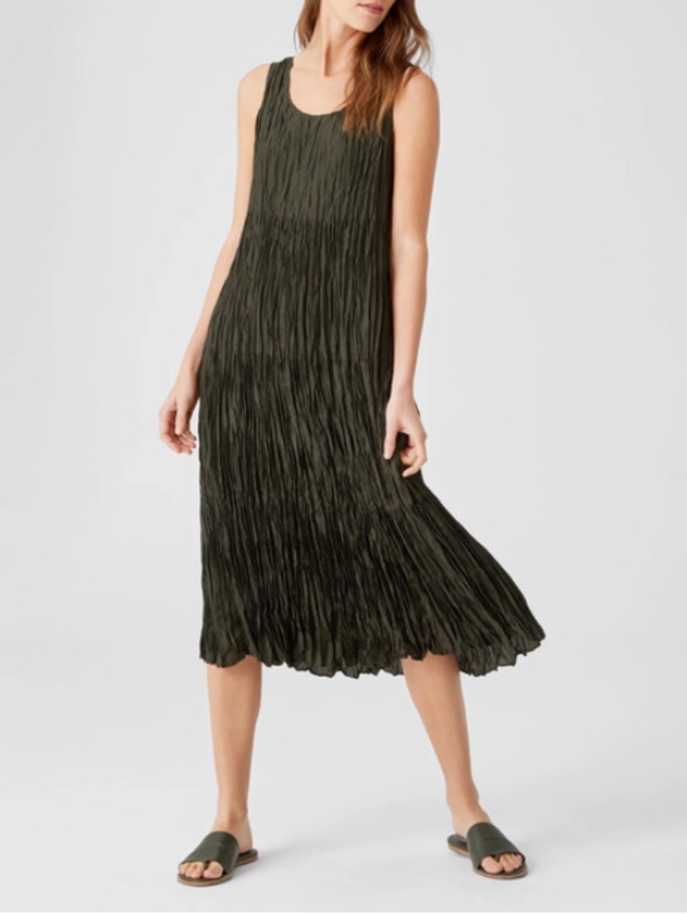 Eileen Fisher Silk Tiered Green Sheer Dress Small